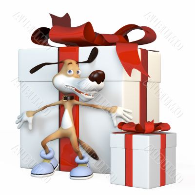 The dog protects gifts.