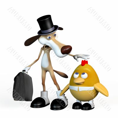 Dog the businessman with a chicken.