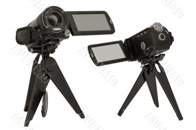 Video camera on small tripod