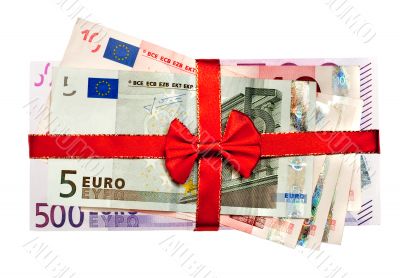 euro bills with red ribbon