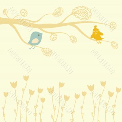Cute greetings card with birds on a swing