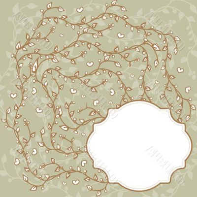 Vintage frame with flower branch and small hearts