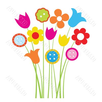 Bright greetings card with flowers and buttons