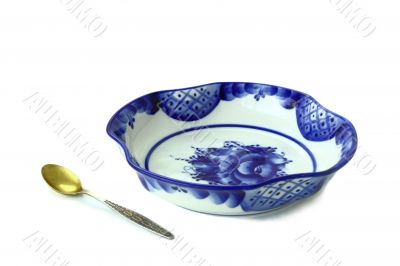Vase ceramic in Gzhel style for candies and fruit on a white bac