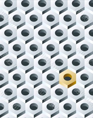 Group of Silver Bolts with Golden one. 3D pattern. Vector Illust