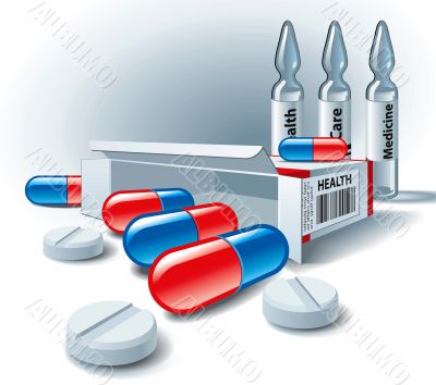 Pills, tablets, box and ampoules