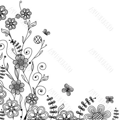 Vintage floral card with handdrawn flowers and butterflies