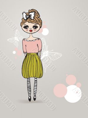 Vintage card with cute hand drawn girl.