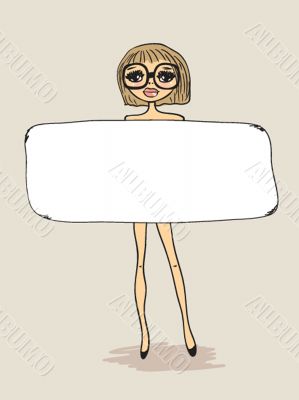 Vintage card with naked girl holding banner.