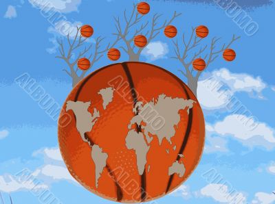 Map of the world is at a basketball ball and trees against the sky