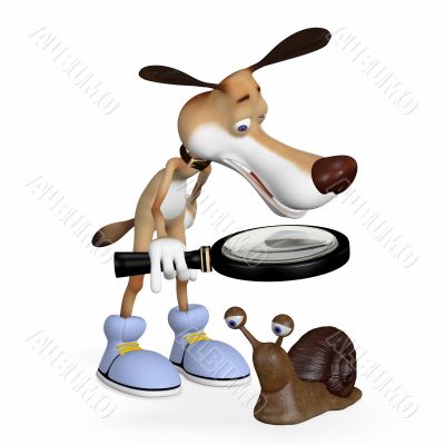 Illustration. The dog with a magnifying glass examines a snail.