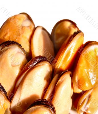The cleared and pickled mussels on a white background