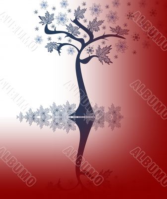 Abstraction  tree with leaves, snowflakes on a red-white background