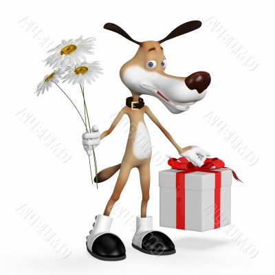 Illustration a dog with flowers and a gift.