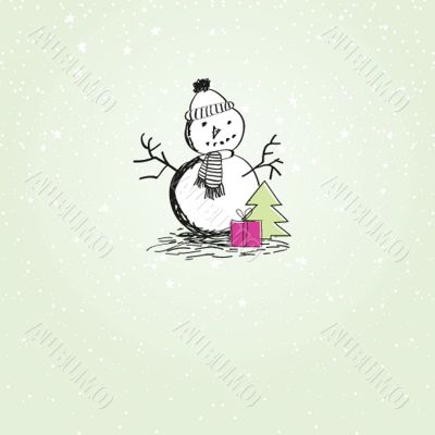 Cute vintage christmas card with snowman