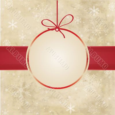 Vintage christmas card with red ball and snowflakes.