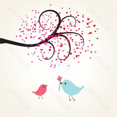Cute greetings card with birds on a swing