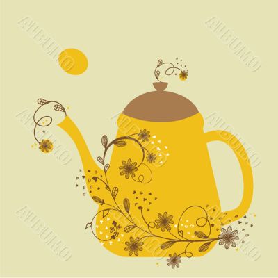 Cute vintage card with teapot and floral branch
