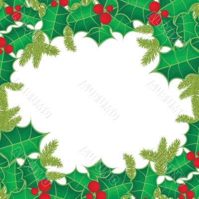 Christmas background with holly berry leaves on dark green background