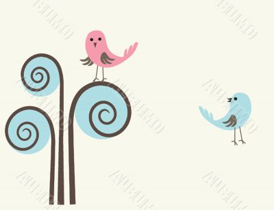 Cute greetings card with birds on a swing