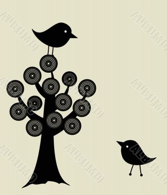 Cute greetings card with birds on a swing