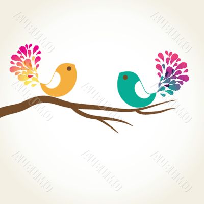 Cute greetings card with birds on a swing