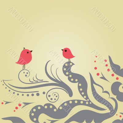 Cute greetings card with birds on a swing
