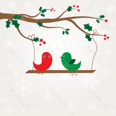 Cute greetings card with birds on a swing