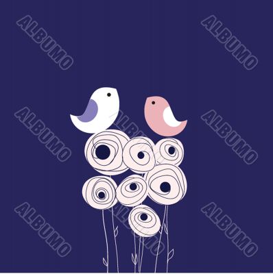 Cute greetings card with birds on a swing