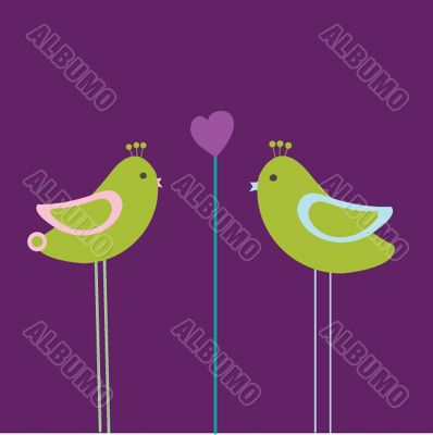 Cute greetings card with birds on a swing