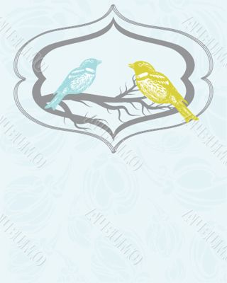 Cute greetings card with birds on a swing