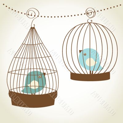 Vintage card with two cute birds in retro cages