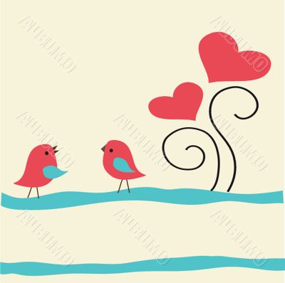 Cute greetings card with birds on a swing