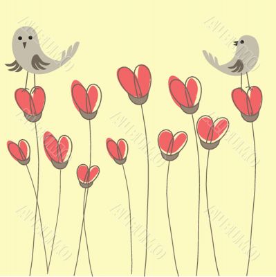 Cute greetings card with birds on a swing