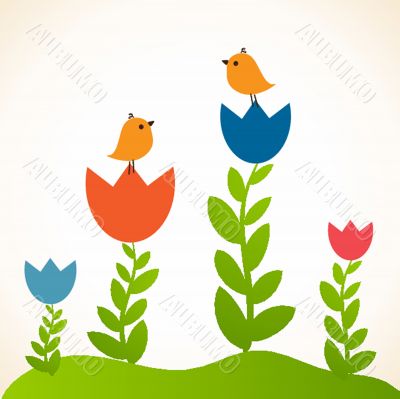 Cute greetings card with birds on a swing