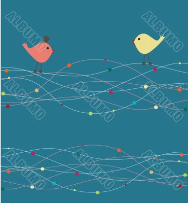 Cute greetings card with birds on a swing