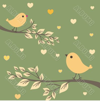 Cute greetings card with birds on a swing