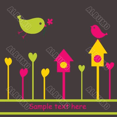 Cute greetings card with birds on a swing