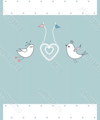 Cute greetings card with birds on a swing