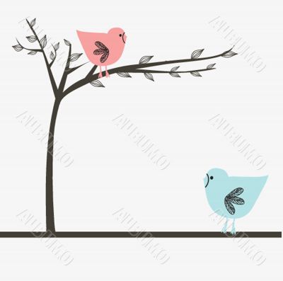 Cute greetings card with birds on a swing