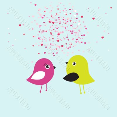 Cute greetings card with birds on a swing