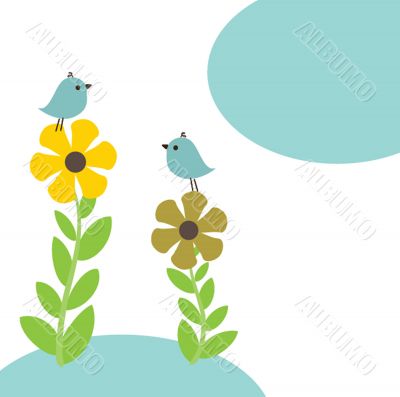 Cute greetings card with birds on a swing
