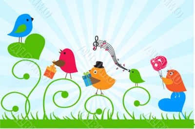 Cute greetings card with birds on a swing