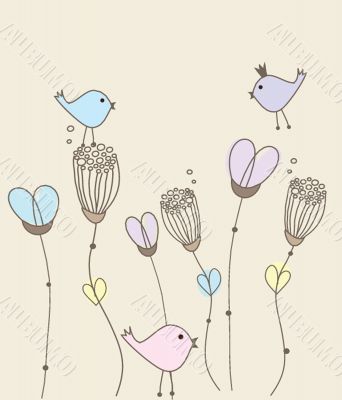 Cute greetings card with birds on a swing