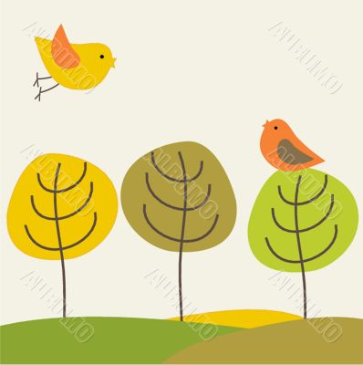 Cute greetings card with birds on a swing