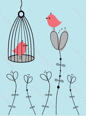 Cute greetings card with birds on a swing