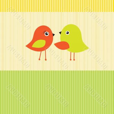 Cute greetings card with birds on a swing