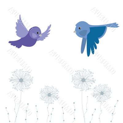 Cute greetings card with birds on a swing