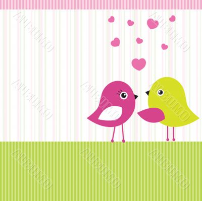 Cute greetings card with birds on a swing