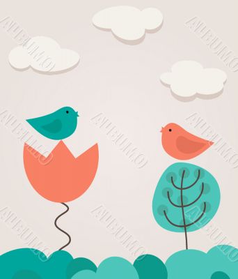 Cute greetings card with birds on a swing